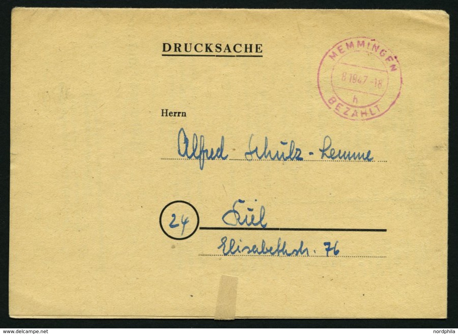 ALL. BES. GEBÜHR BEZAHLT MEMMINGEN BEZAHLT, 8.10.47, Violetter K2 Auf Drucksache, Pracht - Other & Unclassified