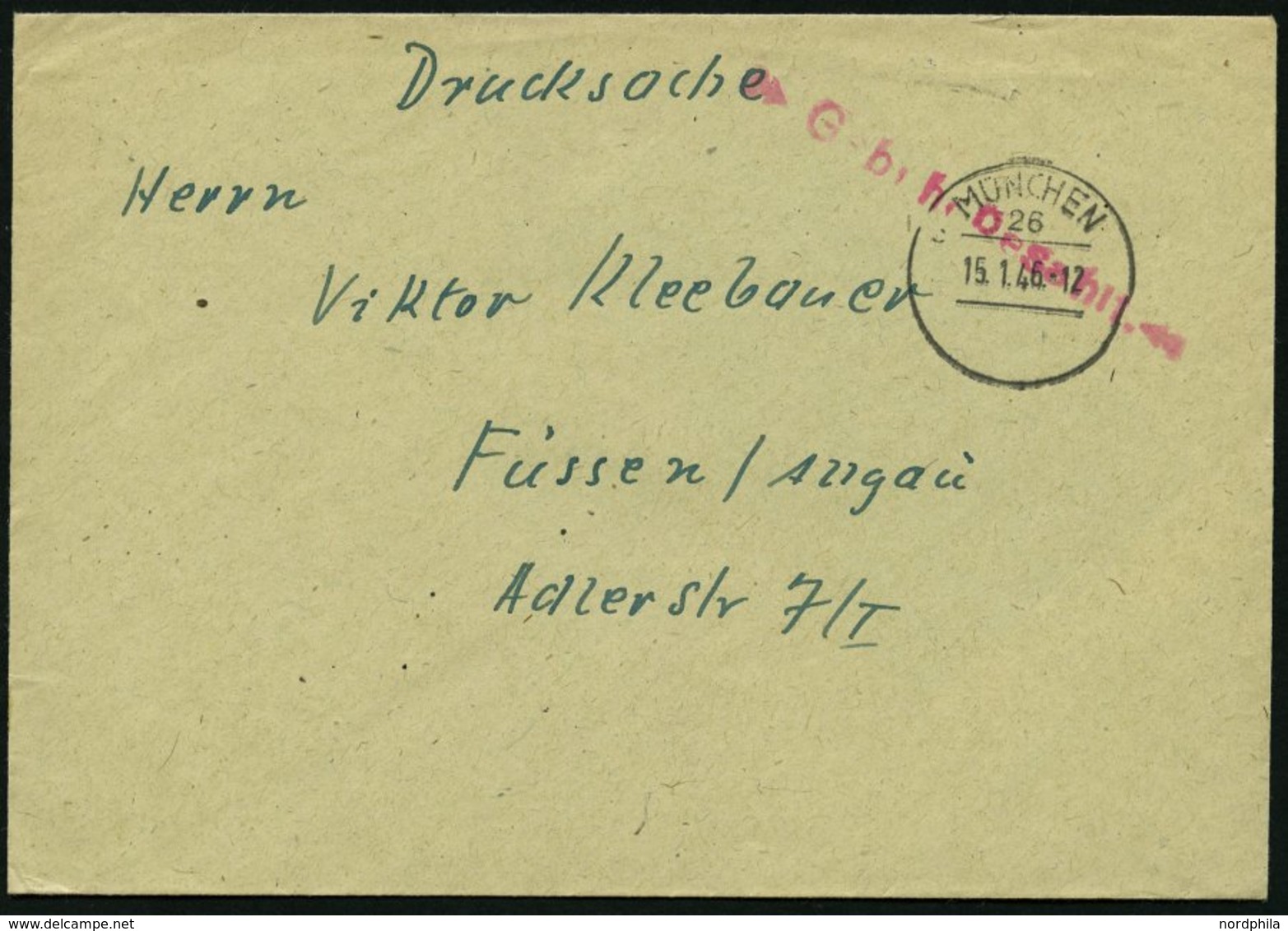 ALL. BES. GEBÜHR BEZAHLT MÜNCHEN, 15.1.46, Roter L1 Gebühr Bezahlt Mit Zierelement, Drucksache, Pracht - Sonstige & Ohne Zuordnung