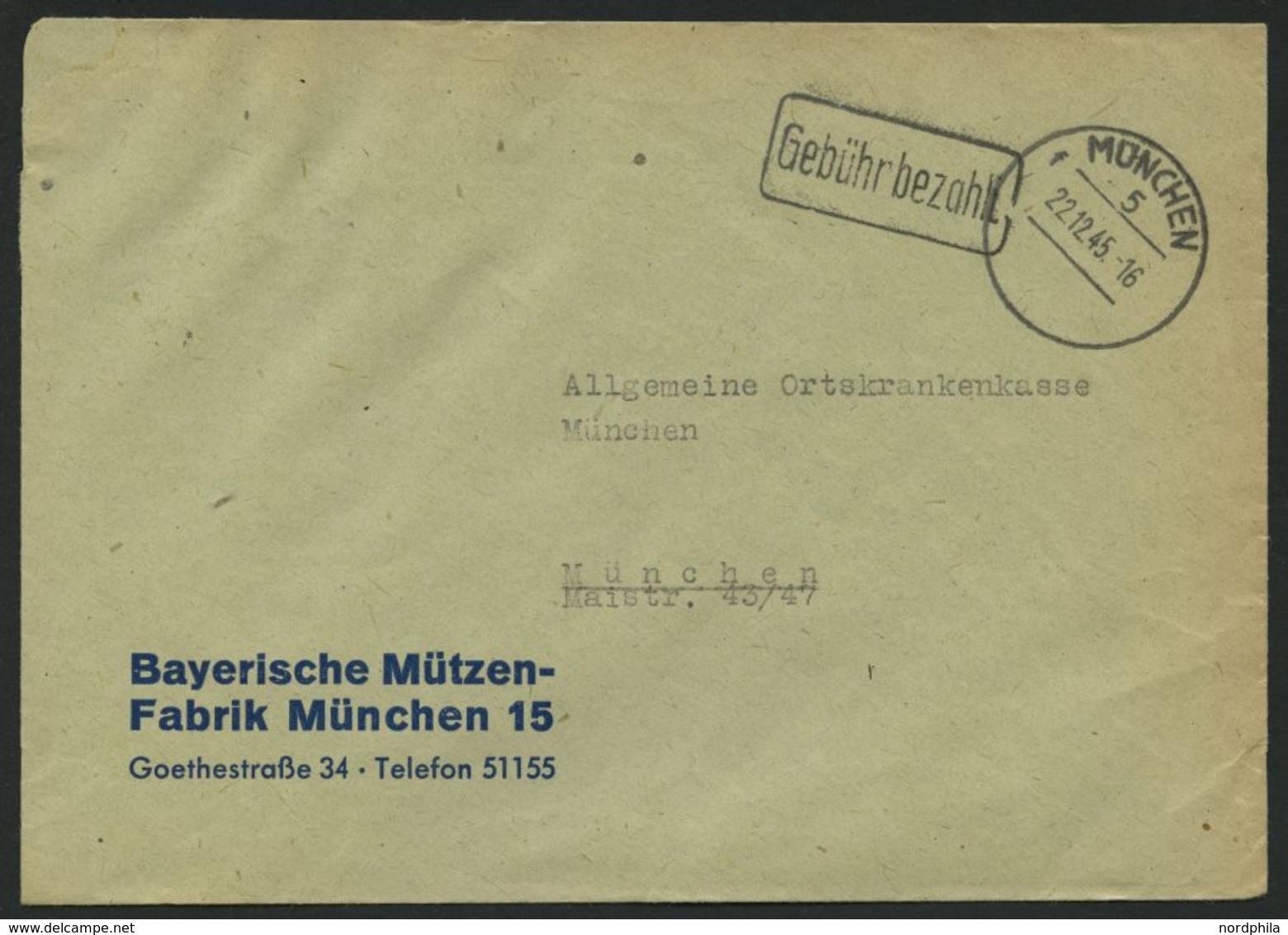 ALL. BES. GEBÜHR BEZAHLT MÜNCHEN 5, 22.12.45, R1 Gebühr Bezahlt, Prachtbrief - Sonstige & Ohne Zuordnung