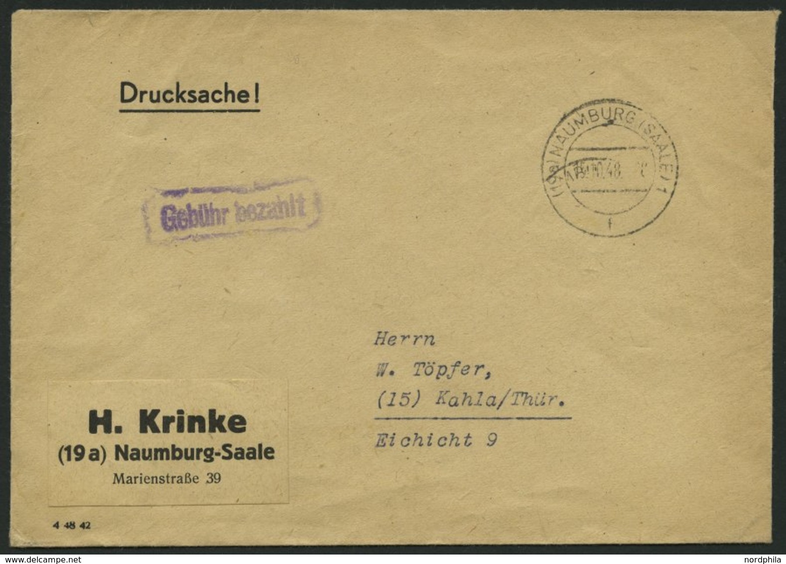 ALL. BES. GEBÜHR BEZAHLT NAUMBURG (SAALE), 15.10.48, Violetter R1 Gebühr Bezahlt, Drucksache, Feinst - Sonstige & Ohne Zuordnung