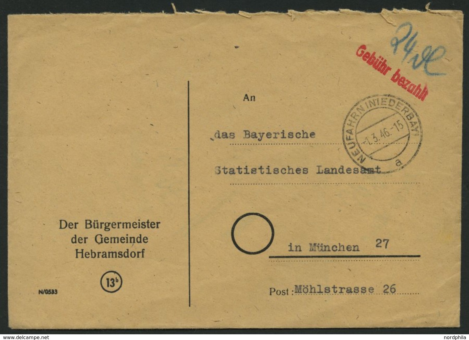 ALL. BES. GEBÜHR BEZAHLT NEUFAHREN INIEDERBAY, 1.3.46, Roter L1 Gebühr Bezahlt, Prachtbrief - Sonstige & Ohne Zuordnung