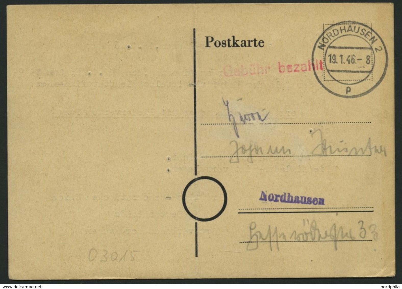 ALL. BES. GEBÜHR BEZAHLT NORDHAUSEN, 19.1.46, Roter L1 Gebühr Bezahlt, Karte Feinst - Other & Unclassified