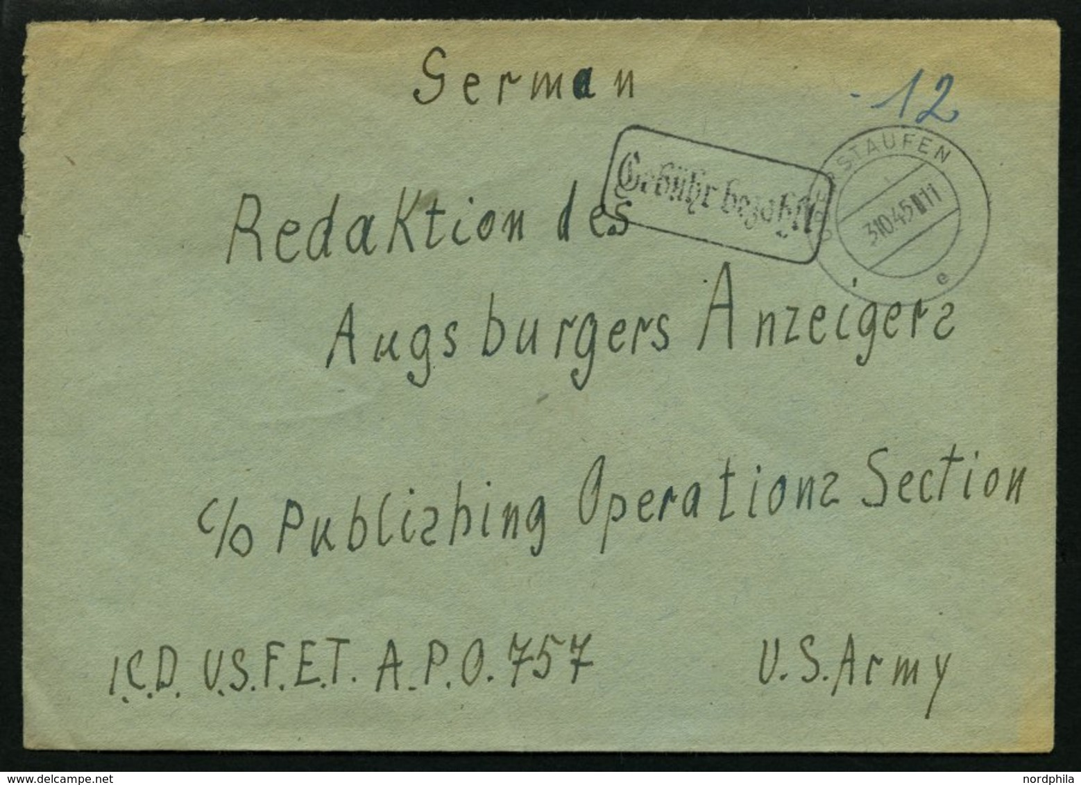 ALL. BES. GEBÜHR BEZAHLT OBERSTAUFEN, 3.10.45, R1 Gebühr Bezahlt Auf Brief, Handschriftlich 12, Pracht - Other & Unclassified