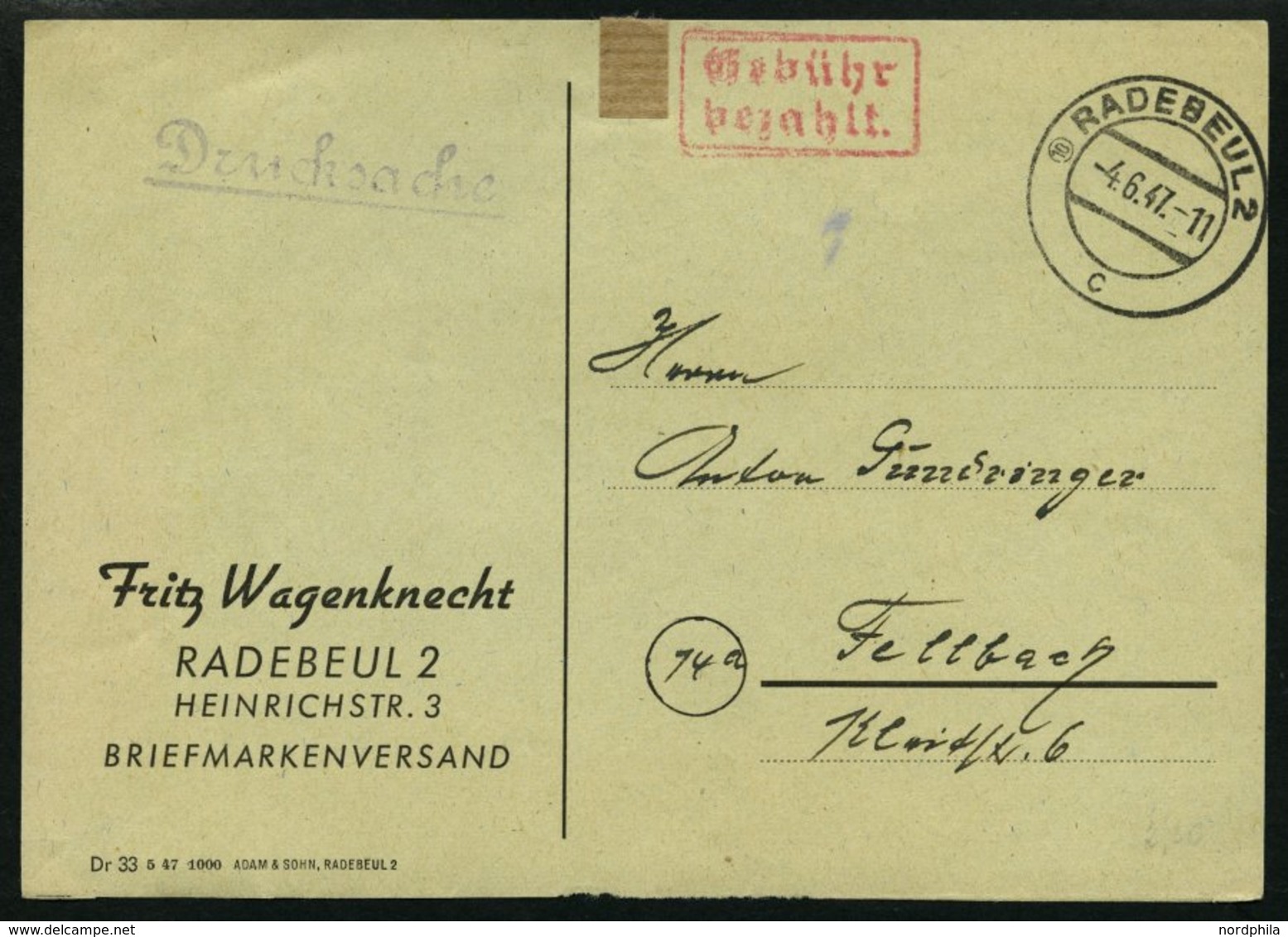 ALL. BES. GEBÜHR BEZAHLT RADEBEUL 2, 4.6.47, Roter R2 Gebühr Bezahlt, Auf Drucksachenkarte (Preisliste Vom Briefmarkenhä - Other & Unclassified