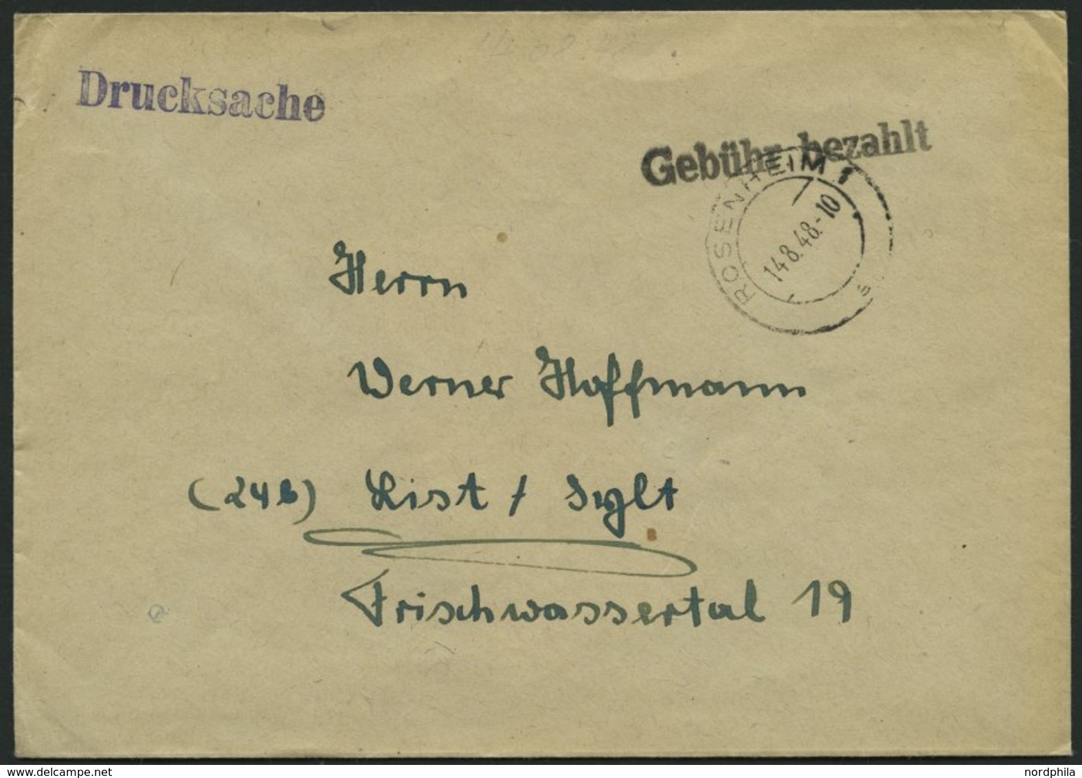 ALL. BES. GEBÜHR BEZAHLT ROSENHEIM 1, 14.8.48, L1 Gebühr Bezahlt, Drucksachenbrief, Pracht - Otros & Sin Clasificación