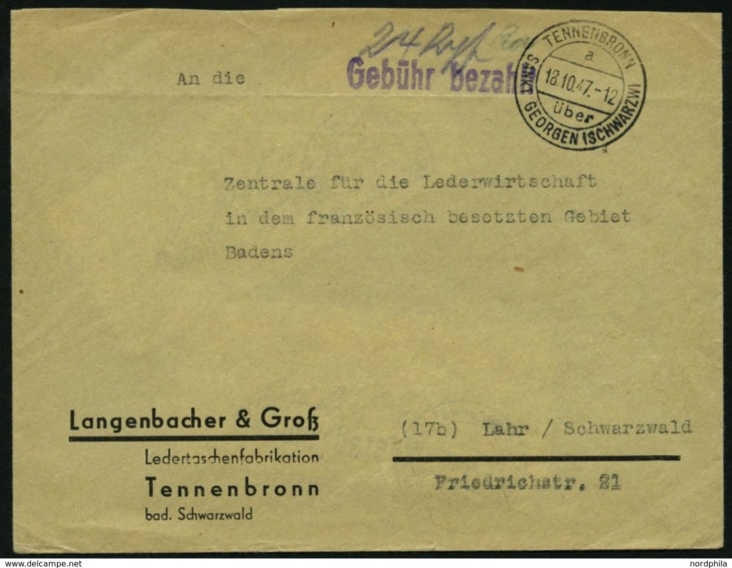 ALL. BES. GEBÜHR BEZAHLT TENNENBRONN über SANKT GEORGEN (SCHWARZW), 18.10.47, Violetter L1 Gebühr Bezahlt, Handschriftli - Other & Unclassified