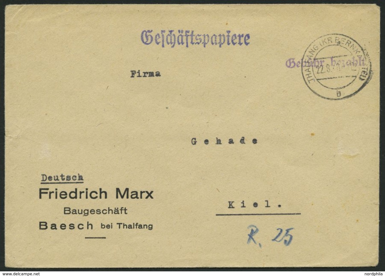 ALL. BES. GEBÜHR BEZAHLT THALFANG (KR BERNKASTEL), 22.8.48, Violetter L1 Gebühr Bezahlt, Brief Feinst - Other & Unclassified