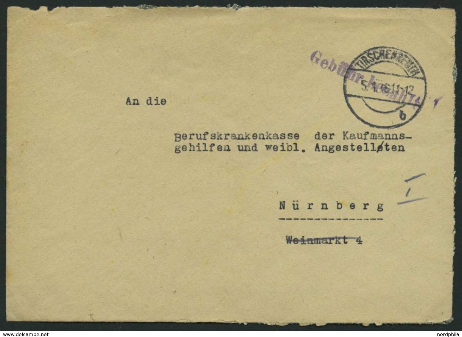 ALL. BES. GEBÜHR BEZAHLT TIRSCHENREUTH, 5.1.46, Violetter L1 Gebühr Bezahlt, Brief Feinst - Other & Unclassified