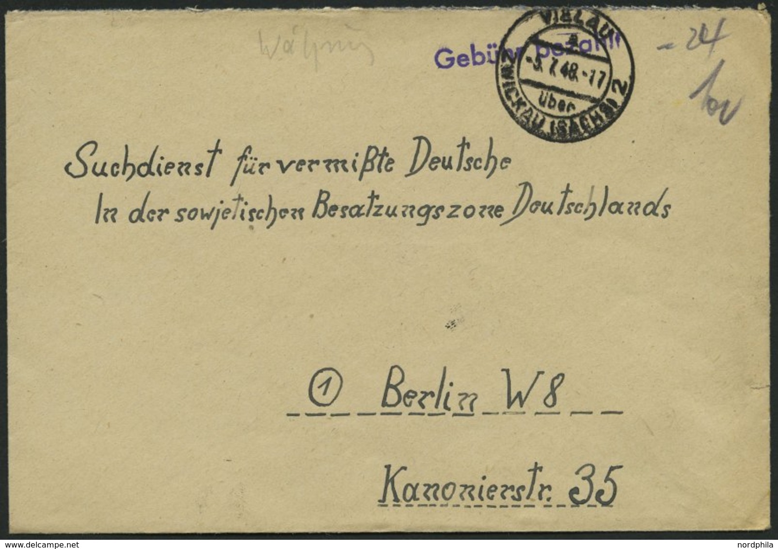 ALL. BES. GEBÜHR BEZAHLT VIELAU ZWICKAU (SACHSEN)2, 5.7.48,violetter L1 Gebühr Bezahlt, Suchdienstumschlag, Pracht - Sonstige & Ohne Zuordnung