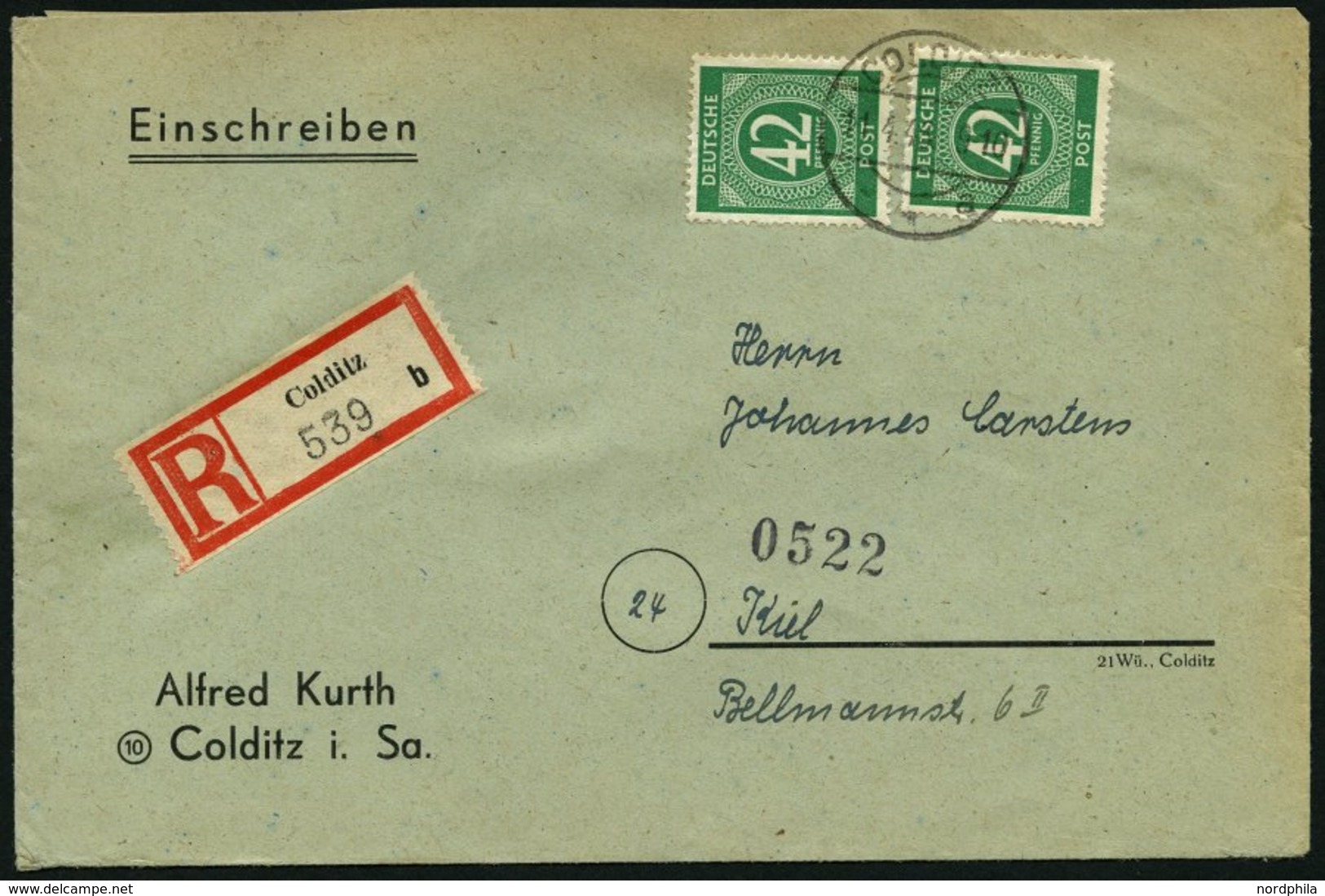 ALLIIERTE BES. 930 BRIEF, 1946, 42 Pf. Smaragdgrün, 2x Auf Einschreibbrief Von COLDITZ Nach Kiel, Pracht - Autres & Non Classés