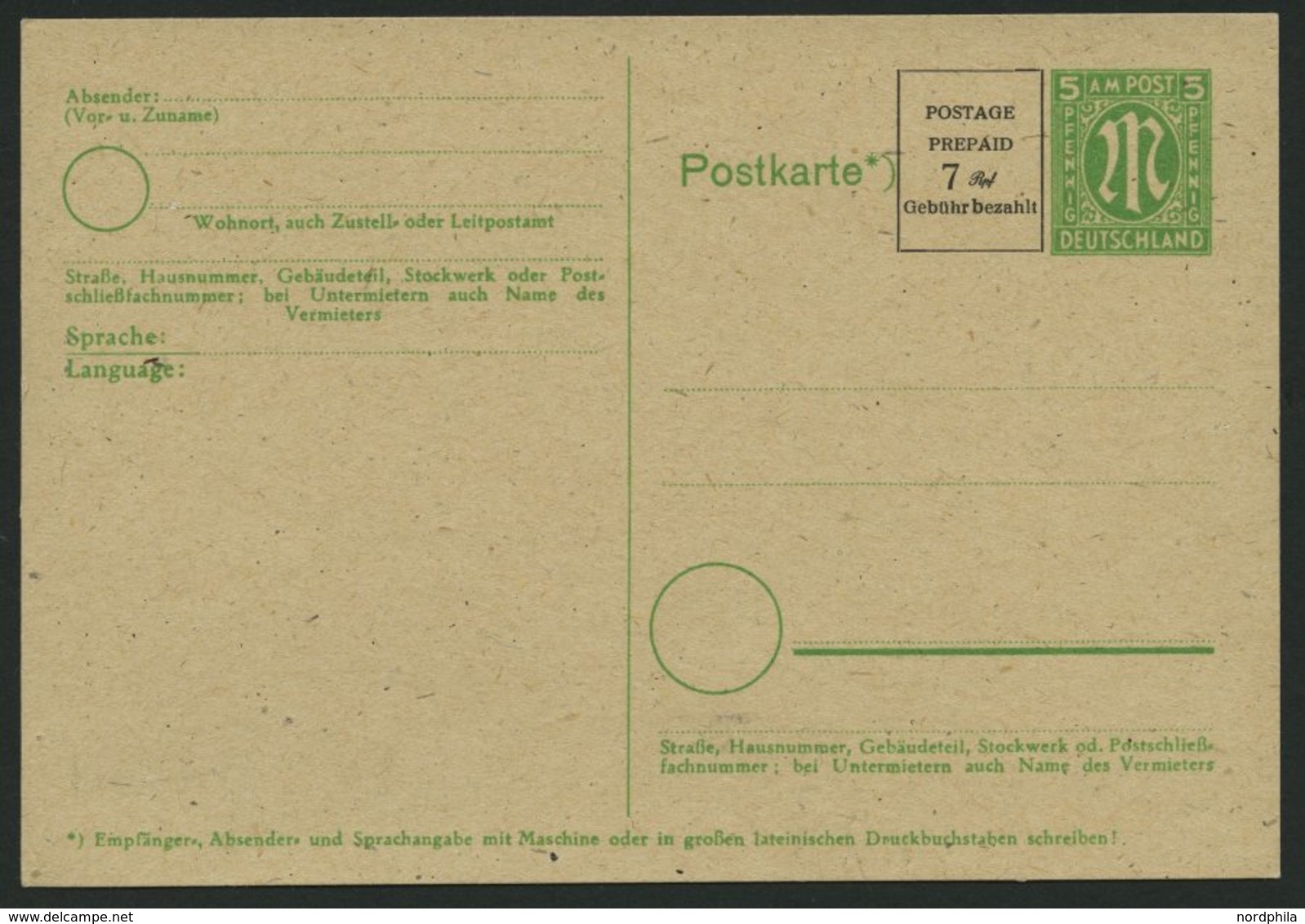 AMERIK. U. BRITISCHE ZONE - GANZSACHEN P 906 BRIEF, 1946, 7 Pf. Schwarz Neben 5 Pf. AM-Post, Ungebraucht, Pracht, Mi. 25 - Other & Unclassified