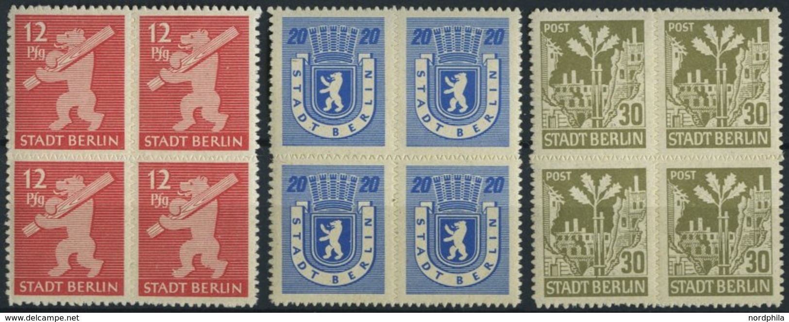 BERLIN UND BRANDENBURG 5-7B VB **, 1945, 12 - 30 Pf. Berliner Bär, Durchstochen, Je Im Viererblock, Pracht, Gepr. Ströh, - Altri & Non Classificati