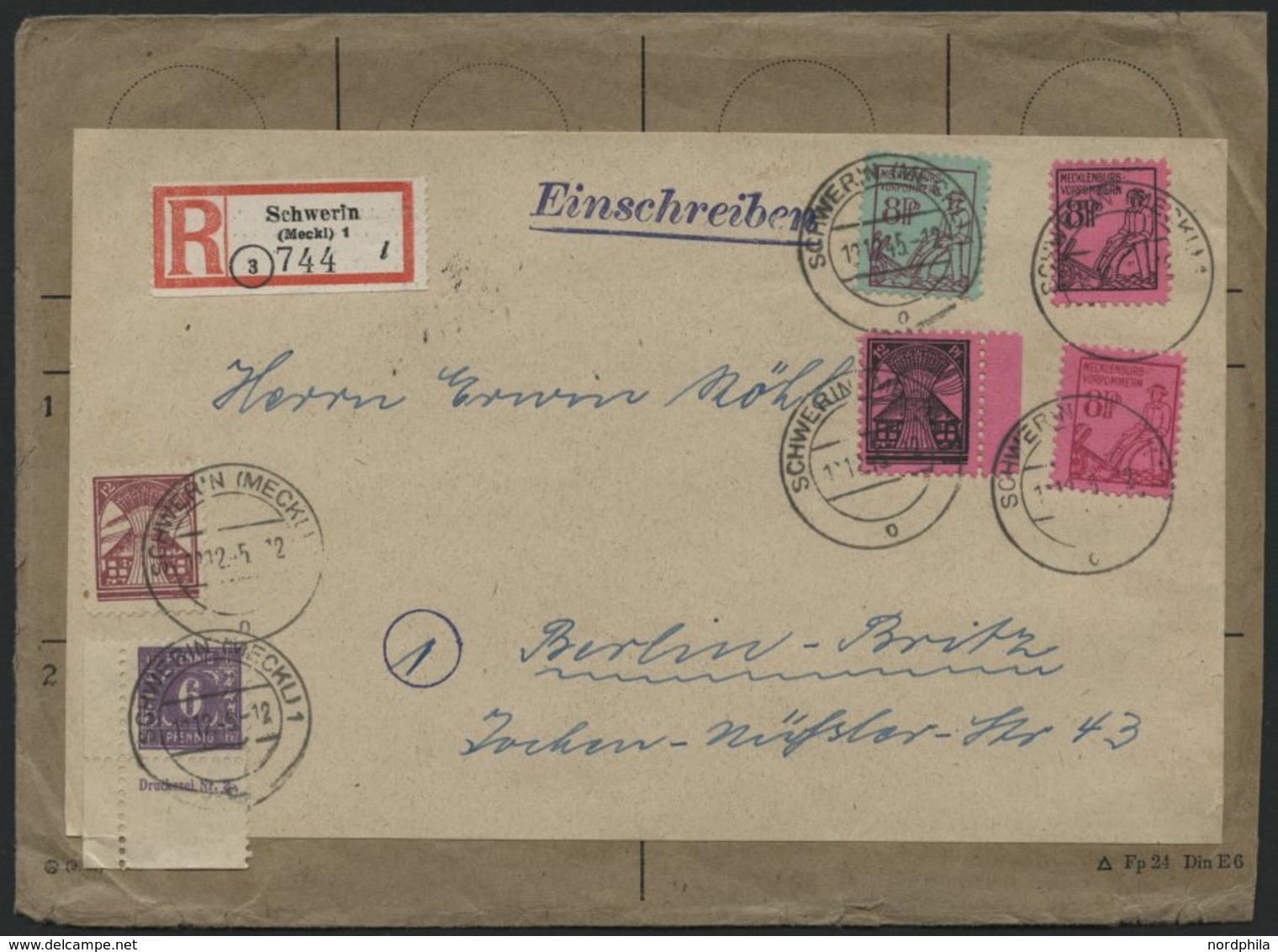 MECKLENBURG-VORPOMMERN 9aDZ BRIEF, 1945, 6 Pf. Dunkelrotviolett, Mit Druckereizeichen, Mit 5 Werten Zusatzfrankatur Auf  - Other & Unclassified
