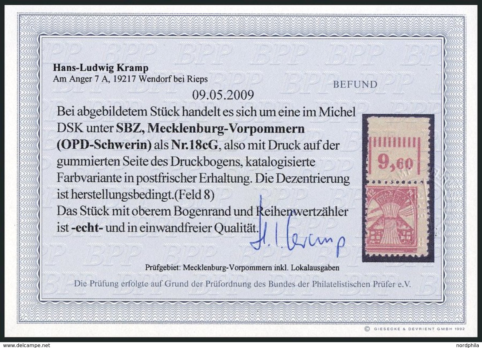 MECKLENBURG-VORPOMMERN 18cG **, 1945, 12 Pf. Rosarot, Druck Auf Gummiseite, Oberrandstück, Pracht, Fotobefund Kramp, Mi. - Autres & Non Classés