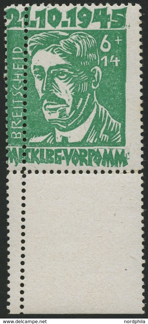 MECKLENBURG-VORPOMMERN 20a **, 1945, 6 Pf. Hellgrün Faschismus Mit Senkrechter Doppelzähnung, Unterrandstück, Pracht - Otros & Sin Clasificación