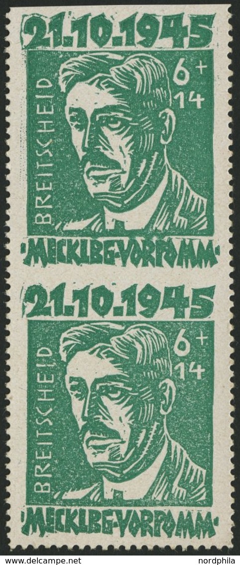 MECKLENBURG-VORPOMMERN 20aUo,w**, *, 1945, 6 Pf. Hellgrün Faschismus Im Senkrechten Paar, Untere Marke Oben Ungezähnt, O - Other & Unclassified