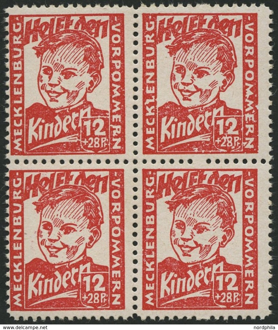 MECKLENBURG-VORPOMMERN 28b VB **, 1945, 12 Pf. Dunkelrosa Kinderhilfe Im Viererblock, Pracht, Gepr. Kramp, Mi. 320.- - Autres & Non Classés