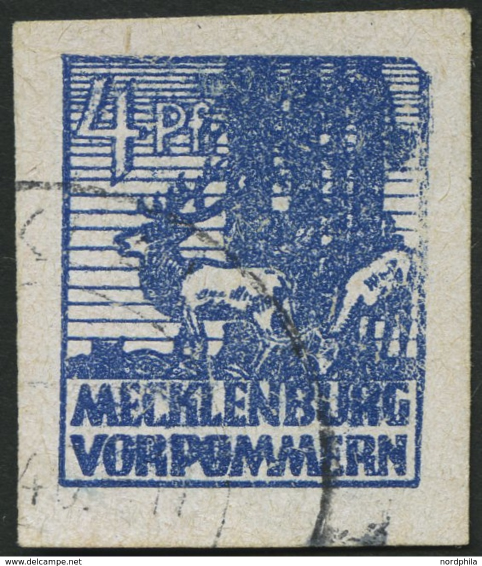 MECKLENBURG-VORPOMMERN 30VII O, 1946, 4 Pf. Dunkelultramarin Mit Abart Obere Rechte Ecke Gebrochen, Hirschkuh Mit Geweih - Other & Unclassified