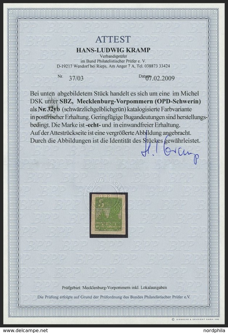 MECKLENBURG-VORPOMMERN 32yb **, 1946, 5 Pf. Schwärzlichgelblichgrün, Graues Papier, Pracht, Fotoattest Kramp, Mi. 1400.- - Other & Unclassified