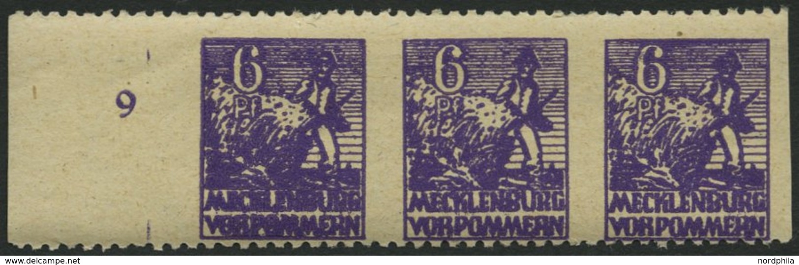 MECKLENBURG-VORPOMMERN 33ydUs **, 1946, 6 Pf. Dunkelrotviolett, Graues Papier, Senkrecht Ungezähnt, Im Waagerechten Drei - Autres & Non Classés