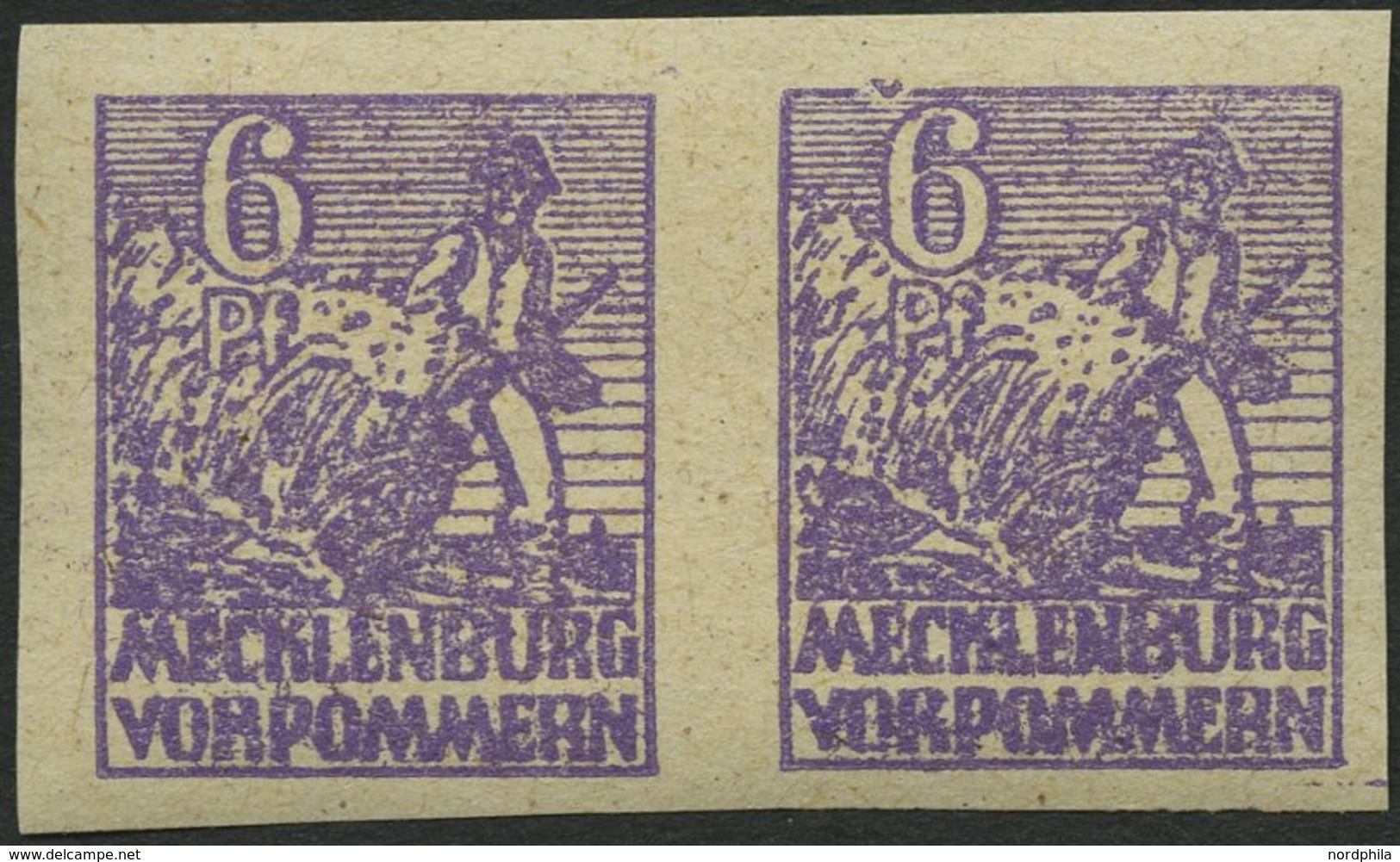 MECKLENBURG-VORPOMMERN 33yeU Paar **, 1946, 6 Pf. Grauviolett, Graues Papier, Ungezähnt, Im Waagerechten Paar, Rückseiti - Sonstige & Ohne Zuordnung