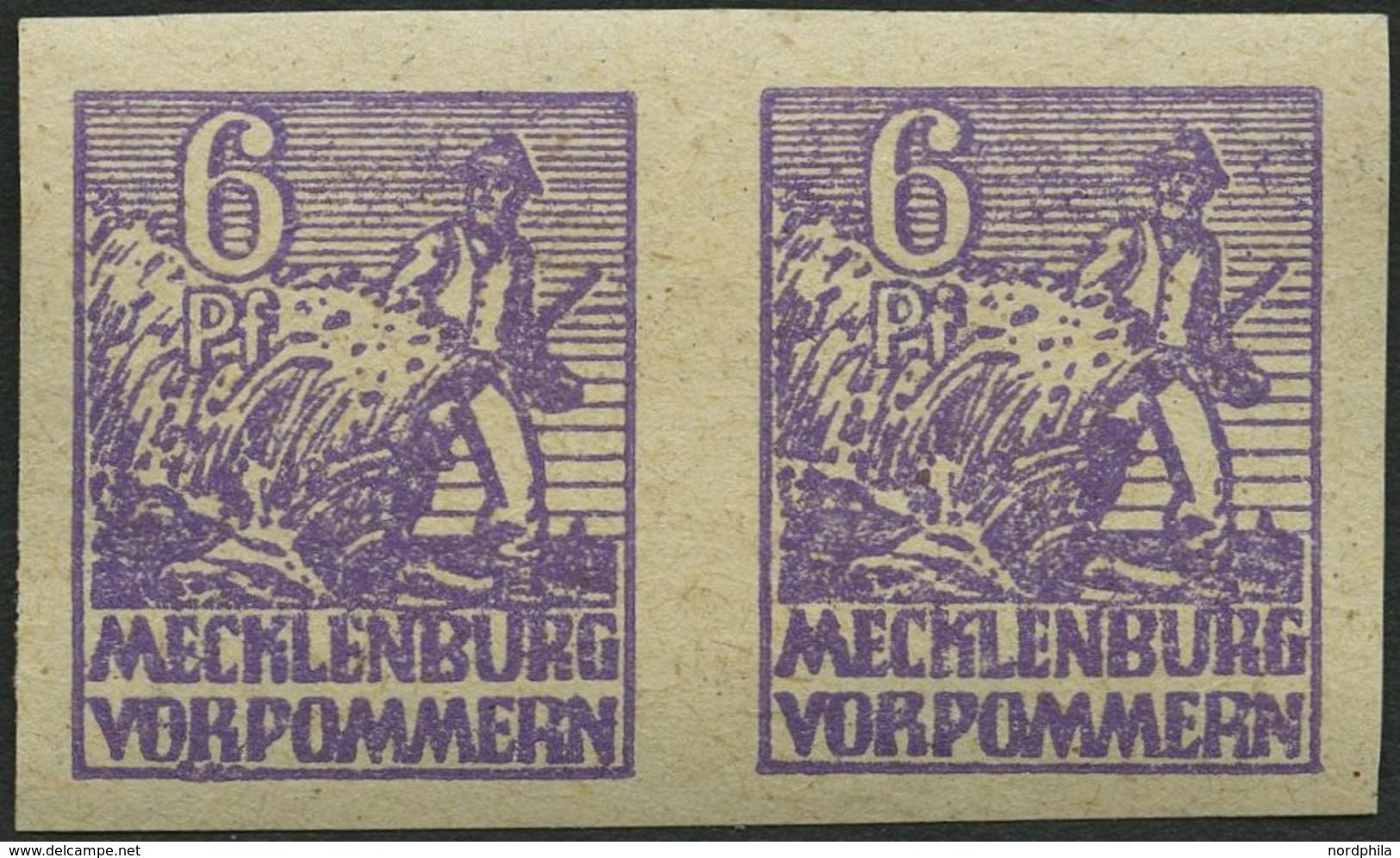 MECKLENBURG-VORPOMMERN 33yeU Paar **, 1946, 6 Pf. Grauviolett, Graues Papier, Ungezähnt, Im Waagerechten Paar, Rückseiti - Otros & Sin Clasificación