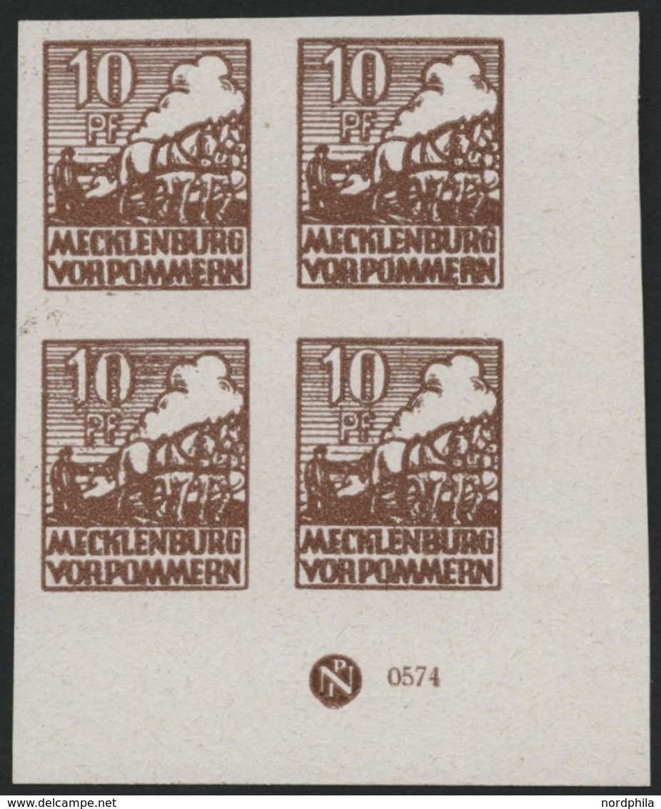 MECKLENBURG-VORPOMMERN 35xaDZ **, 1946, 10 Pf. Lebhaftsiena, Kreidepapier, Im Eckrandviererblock Mit Druckereizeichen, P - Other & Unclassified