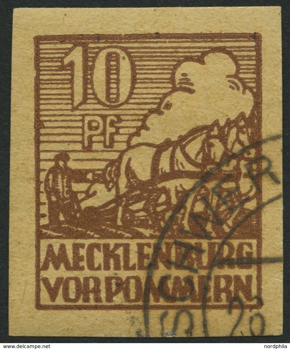 MECKLENBURG-VORPOMMERN 35y O, 1946, 10 Pf. Lebhaftsiena, Graustichiges Papier, Mit Abart Farbpunkt An Der Linken Randlin - Autres & Non Classés