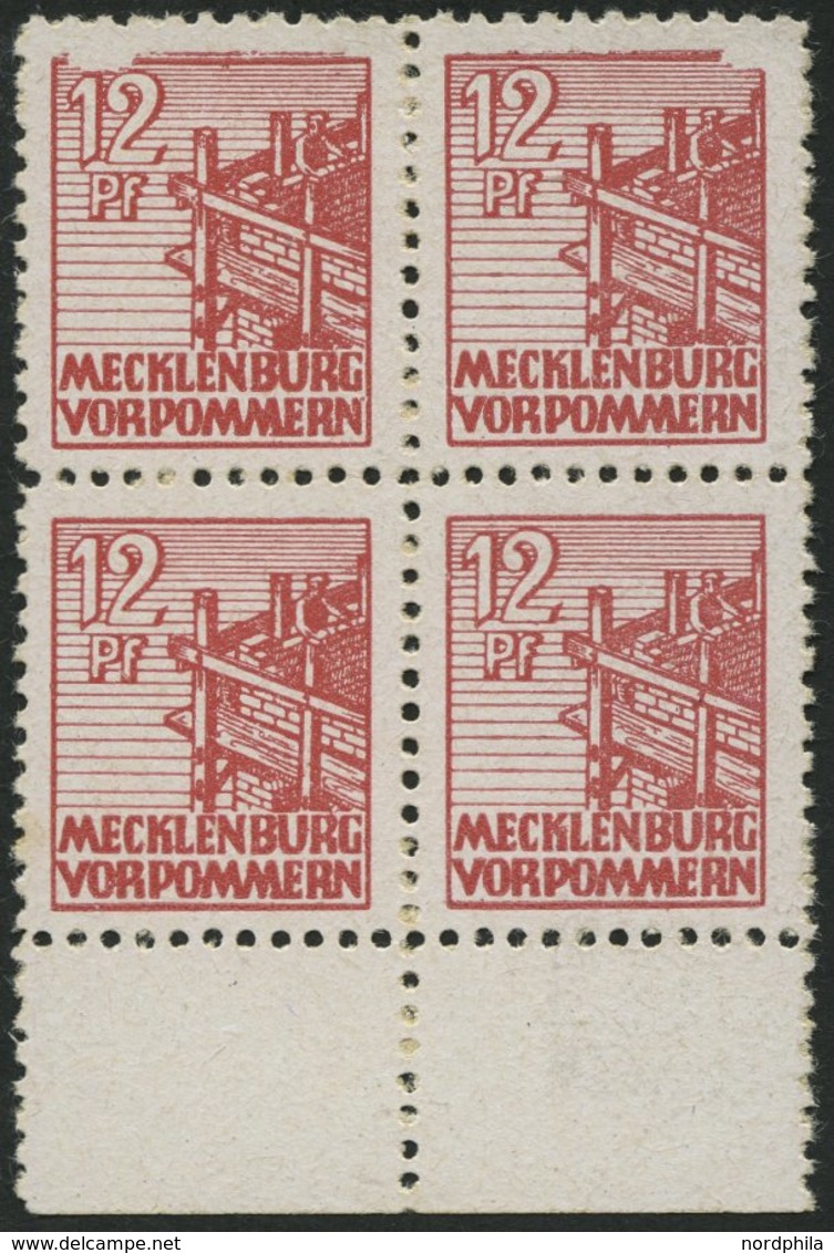 MECKLENBURG-VORPOMMERN 36xc VB **, 1946, 12 Pf. Lebhaftbraunrot, Kreidepapier, Im Viererblock Vom Unterrand, Dabei Platt - Autres & Non Classés