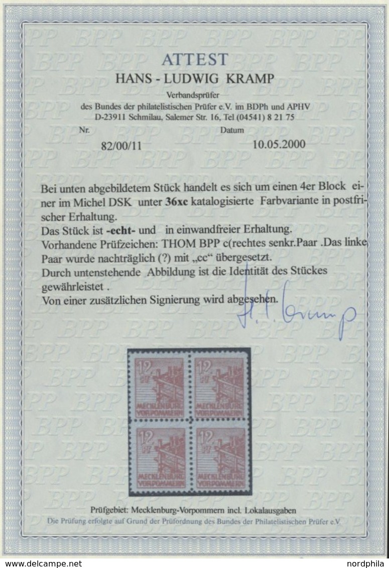 MECKLENBURG-VORPOMMERN 36xc VB **, 1946, 12 Pf. Lebhaftbraunrot, Kreidepapier, Im Viererblock, Pracht, Gepr. Thom Und Fo - Sonstige & Ohne Zuordnung