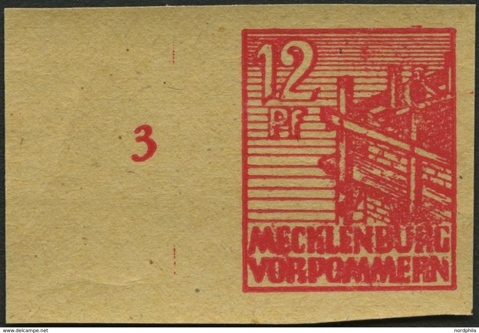 MECKLENBURG-VORPOMMERN 36ybGU **, 1946, 12 Pf. Rot, Graues Papier, Druck Auf Gummiseite, Ungezähnt, Pracht, Mi. 150.- - Other & Unclassified