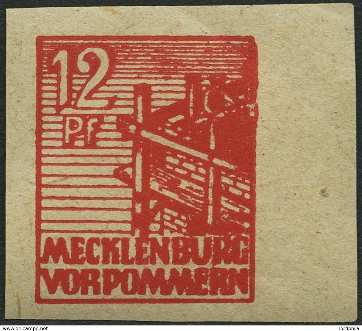 MECKLENBURG-VORPOMMERN 36ybU **, 1946, 12 Pf. Rot, Graues Papier, Ungezähnt, Pracht, Gepr. Kramp, Mi. 60.- - Otros & Sin Clasificación