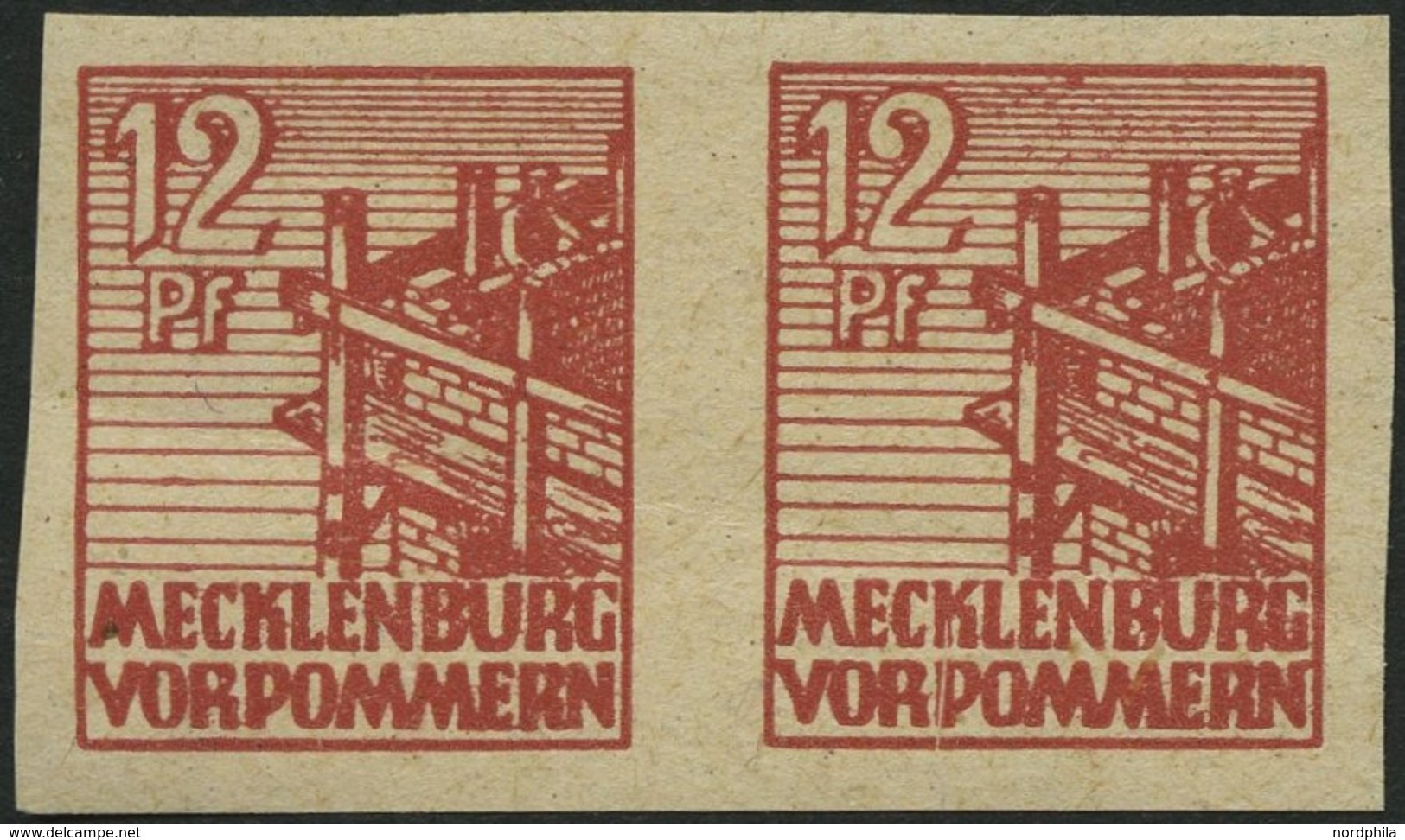 MECKLENBURG-VORPOMMERN 36ydU Paar **, 1946, 12 Pf. Braunrot, Graues Papier, Ungezähnt, Im Waagerechten Paar, Diagonaler  - Altri & Non Classificati