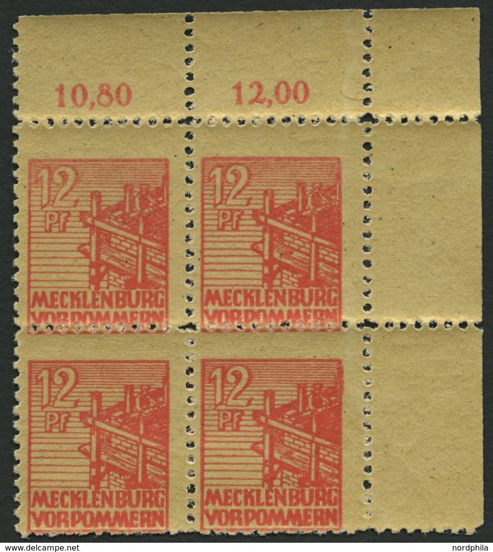 MECKLENBURG-VORPOMMERN 36yeG **, 1946, 12 Pf. Orangerot, Graues Papier, Druck Auf Der Gummiseite, Im Eckrandviererblock, - Otros & Sin Clasificación