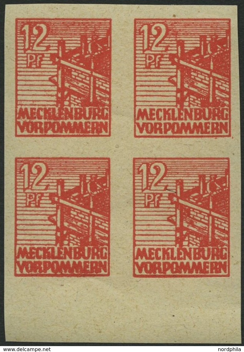 MECKLENBURG-VORPOMMERN 36yeU VB **, 1946, 12 Pf. Orangerot, Graues Papier, Ungezähnt, Im Viererblock Vom Unterrand, Prac - Sonstige & Ohne Zuordnung