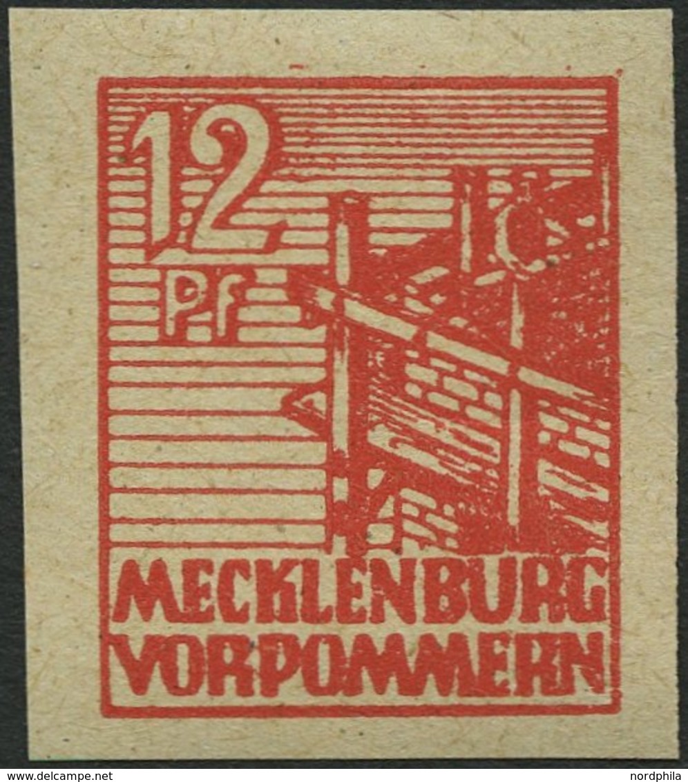 MECKLENBURG-VORPOMMERN 36yeU **, 1946, 12 Pf. Orangerot, Graues Papier, Ungezähnt, Pracht, Gepr. Kramp, Mi. 120.- - Autres & Non Classés