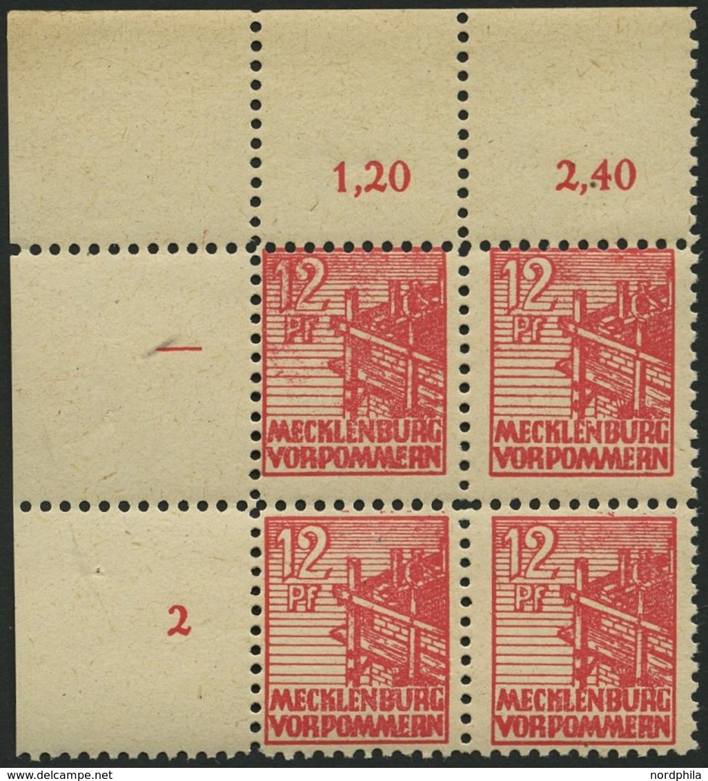 MECKLENBURG-VORPOMMERN 36zb VB **, 1946, 12 Pf. Rot, Dünnes Papier, Im Oberen Linken Eckrandviererblock, Dabei Plattenfe - Autres & Non Classés