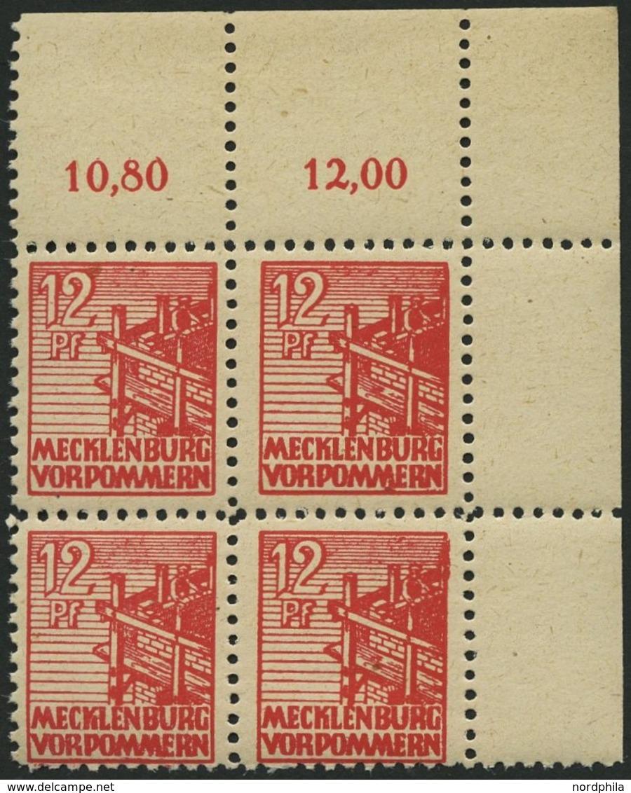 MECKLENBURG-VORPOMMERN 36zb VB **, 1946, 12 Pf. Rot, Dünnes Papier, Im Oberen Rechten Eckrandviererblock, Pracht, Gepr.  - Otros & Sin Clasificación