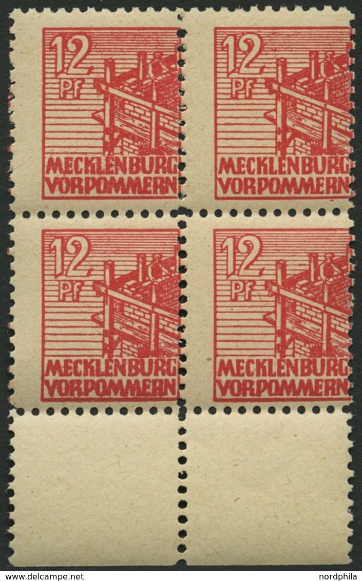 MECKLENBURG-VORPOMMERN 36zz VB **, 1946, 12 Pf. Rot, Dünnes Papier, Diagonal Genetzte Gummierung, Im Viererblock Vom Unt - Otros & Sin Clasificación