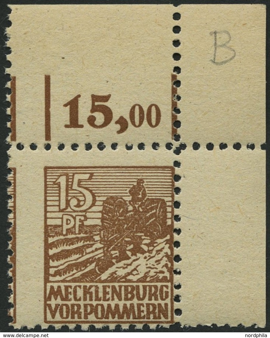 MECKLENBURG-VORPOMMERN 37ye **, 1946, 15 Pf. Orangebraun, Graues Papier, Bogenecke, Pracht, Gepr. Kramp, Mi. (90.-) - Other & Unclassified