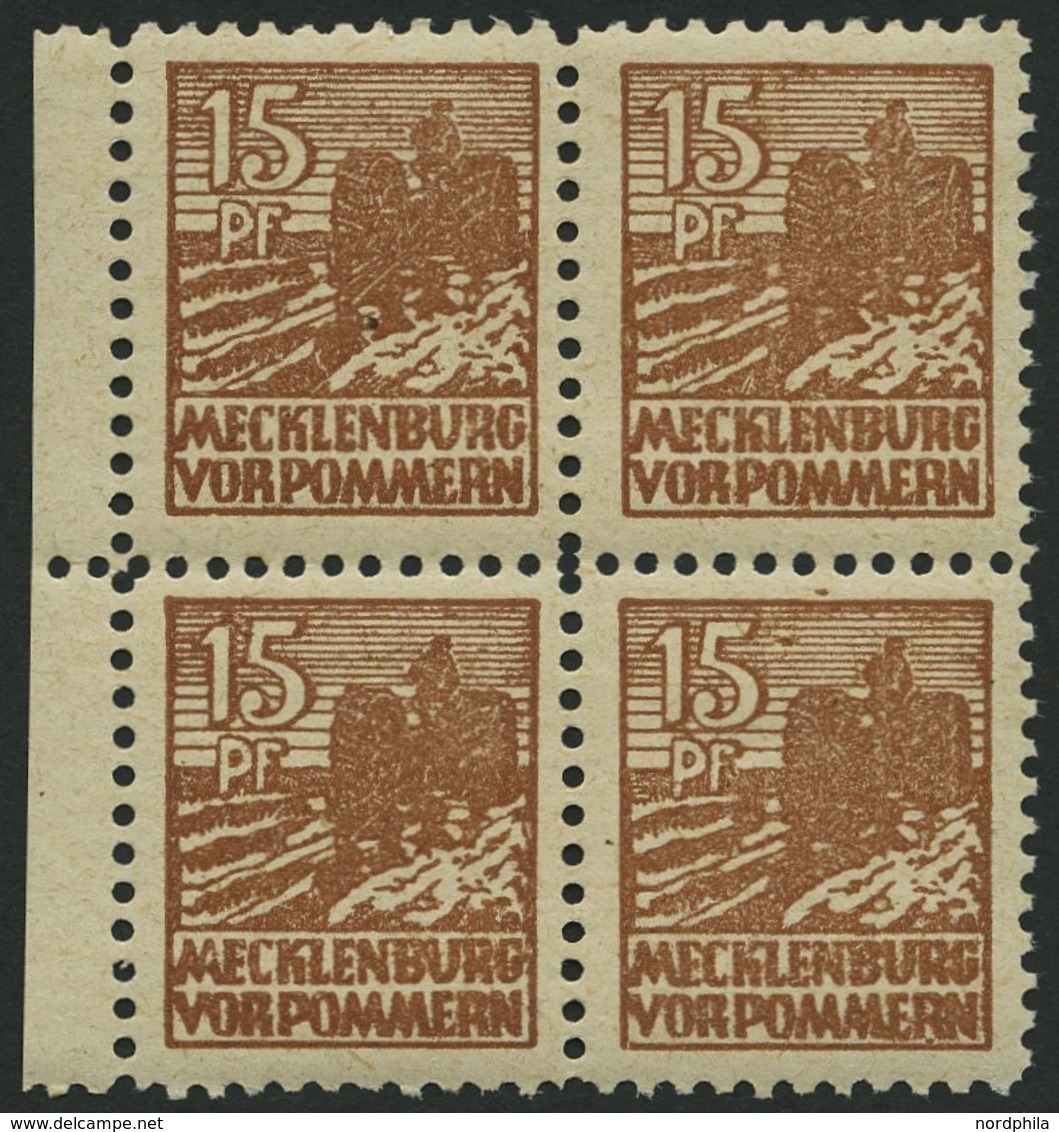 MECKLENBURG-VORPOMMERN 37zaDZ VB **, 1946, 15 Pf. Gelbbraun, Dünnes Papier, Im Viererblock Mit Druckereizeichen, Pracht, - Sonstige & Ohne Zuordnung