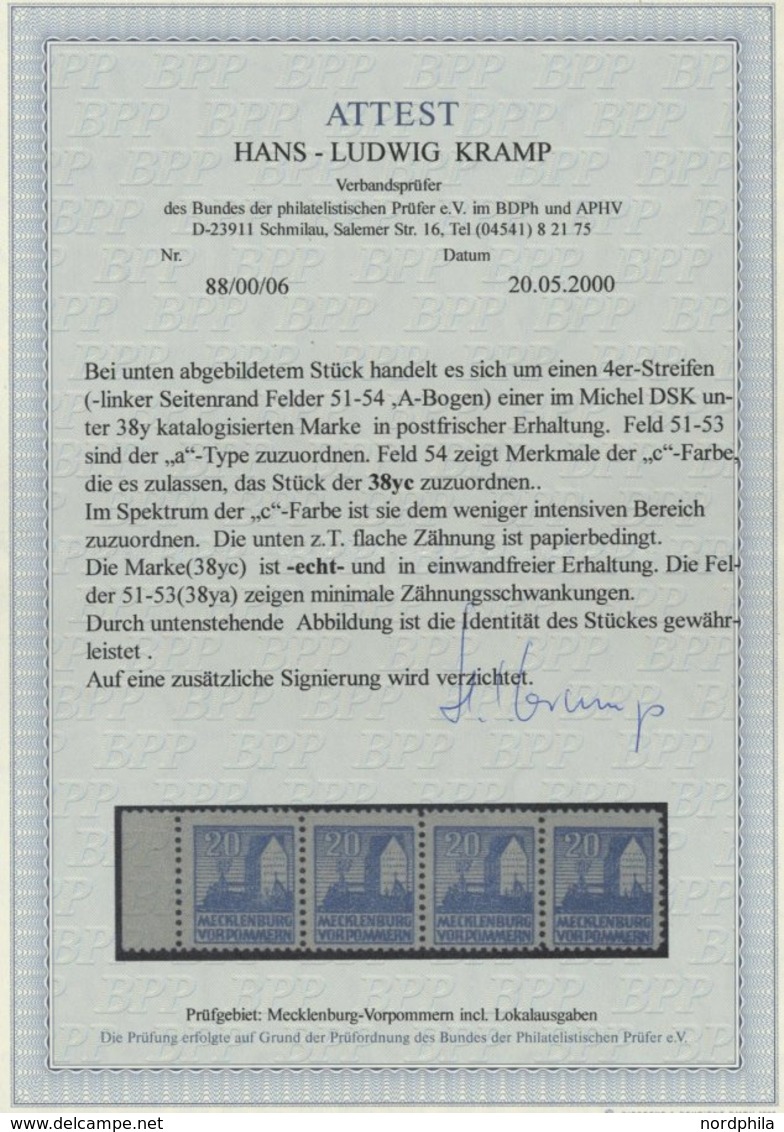 MECKLENBURG-VORPOMMERN 38yc **, 1946, 20 Pf. Schwärzlichgrauultramarin (Feld 54) Im Viererstreifen Mit 3x Mi.Nr. 38ya, P - Other & Unclassified