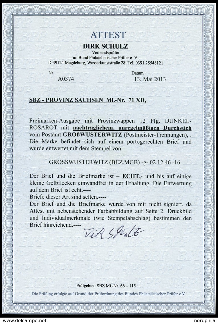 PROVINZ SACHSEN 71XD BRIEF, 1945, 12 Pf. Dunkelrosarot, Durchstich GROSSWUSTERWITZ, Einzelfrankatur Auf Brief Nach Kiel, - Altri & Non Classificati