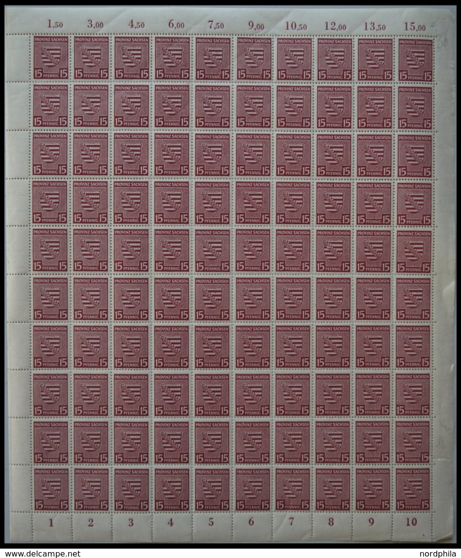 PROVINZ SACHSEN 80YII **, 1945, 15 Pf. Mittellilakarmin, Wz. 1Y, Im Bogen (100), Dabei Feld 48 Mit Abart Weißer Fleck Li - Sonstige & Ohne Zuordnung