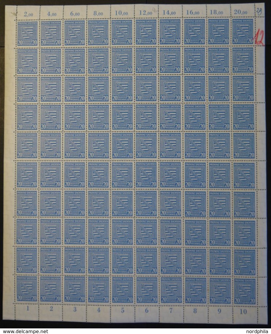 PROVINZ SACHSEN 81Y **, 1945, 20 Pf. Hellblau, Wz. 1Y, Im Bogen (100), Dabei Die Abarten: 81YI, 81YII Und 81YIII, Pracht - Altri & Non Classificati