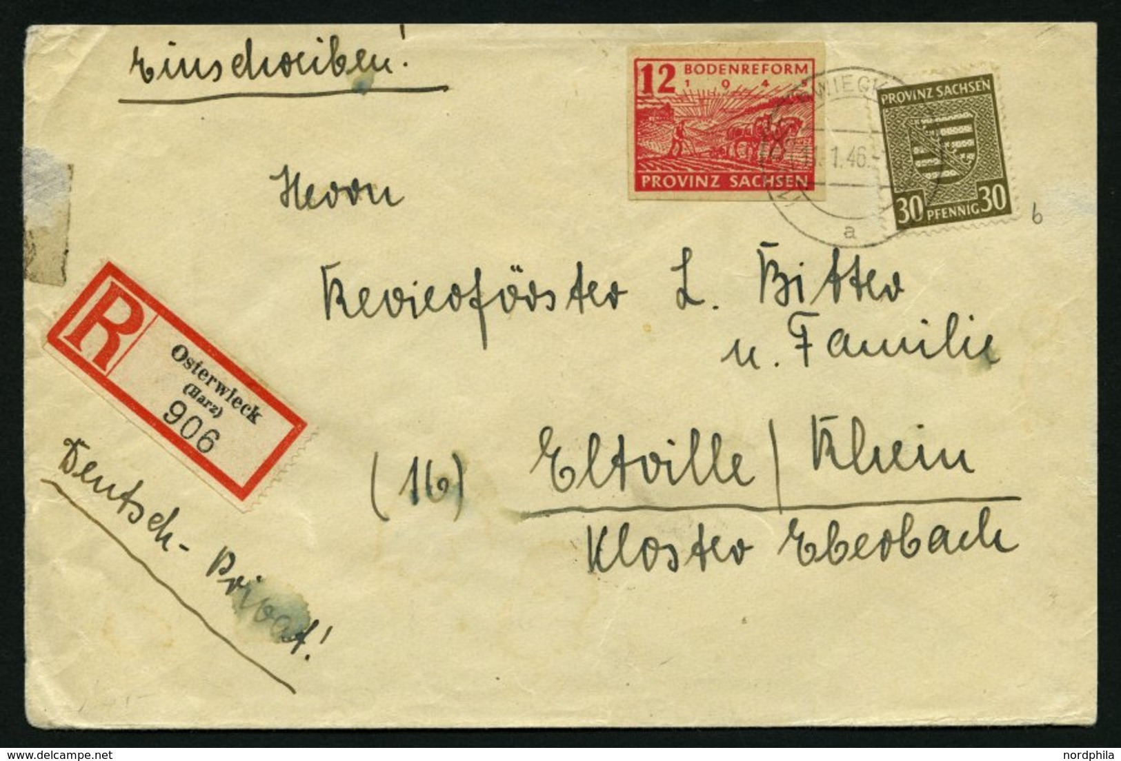 PROVINZ SACHSEN 83Xb BRIEF, 1945, 30 Pf. Bräunlicholiv, Wz. 1X, Mit 12 Pf. Zusatzfrankatur Auf Portogerechtem Einschreib - Sonstige & Ohne Zuordnung