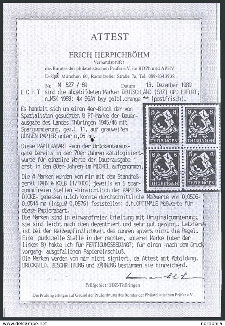 THÜRINGEN 96AYyy **, 1945, 8 Pf. Rotorange, Spargummi, Dünnes Papier, Attestkopie Herpichböhm, Mi. 100.- - Other & Unclassified
