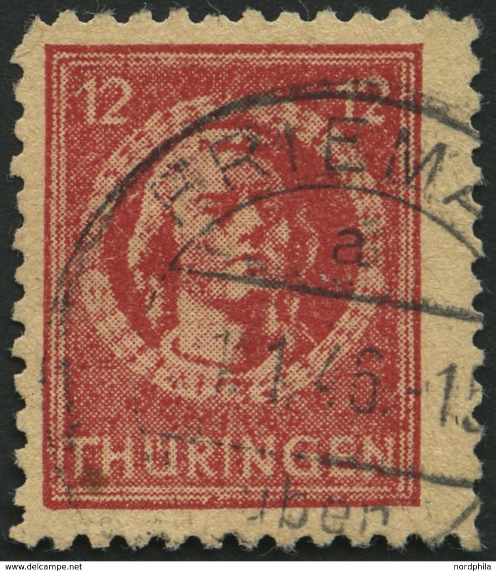 THÜRINGEN 97AXar O, 1945, 12 Pf. Karminrot, Vollgummierung, Hellchromgelbes Papier, Dicke Gummierung, Type I, Pracht, Ge - Autres & Non Classés