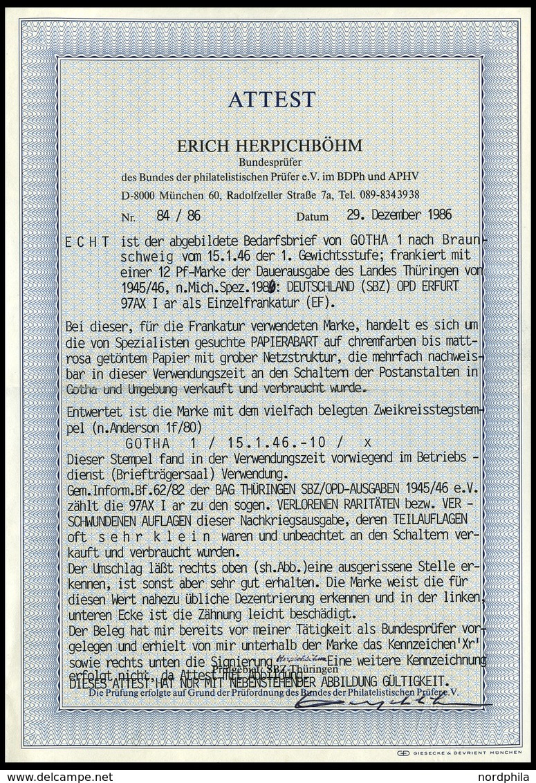 THÜRINGEN 97AXar BRIEF, 1945, 12 Pf. Karminrot, Vollgummierung, Hellchromgelbes Papier, Dicke Gummierung, Type I, Einzel - Altri & Non Classificati