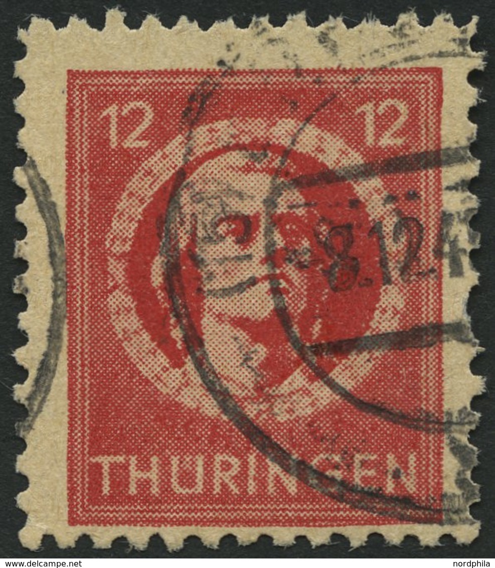 THÜRINGEN 97AXbat O, 1945, 12 Pf. Dunkelbräunlichrot (dunkelbraunrot Quarzend), Gelblichgraues Papier, Ein Fehlender Zah - Otros & Sin Clasificación